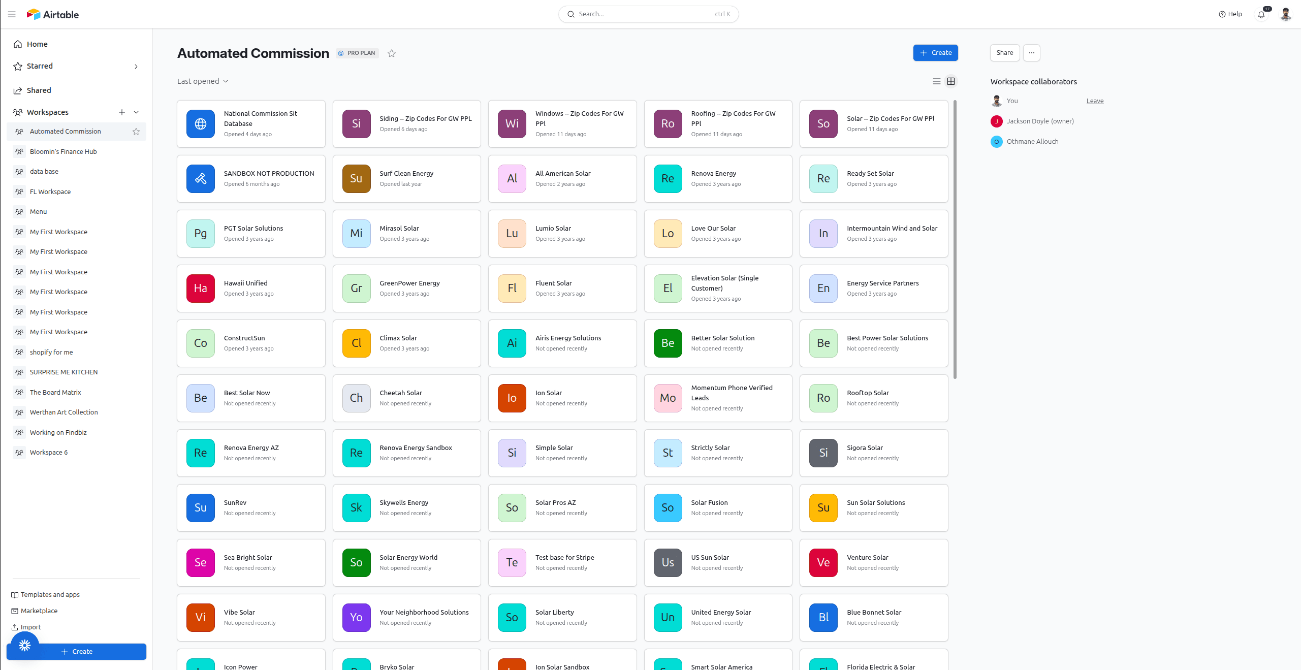 Airtable workspace showing 50+ vendor bases — Automated Commission