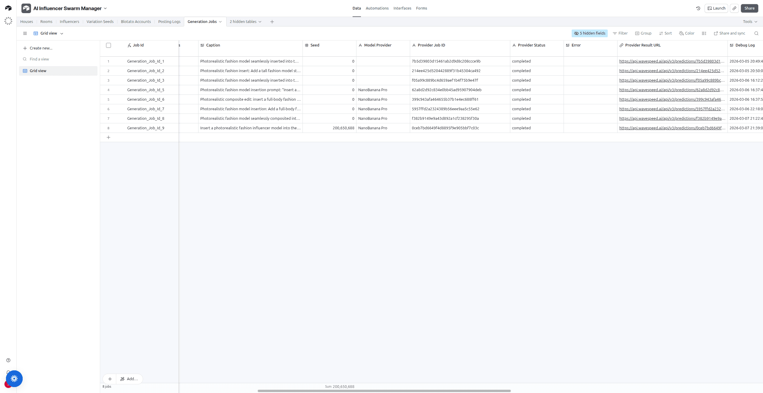 Airtable Generation Jobs table — showing Job IDs, Influencer IDs, Rooms, resolutions
