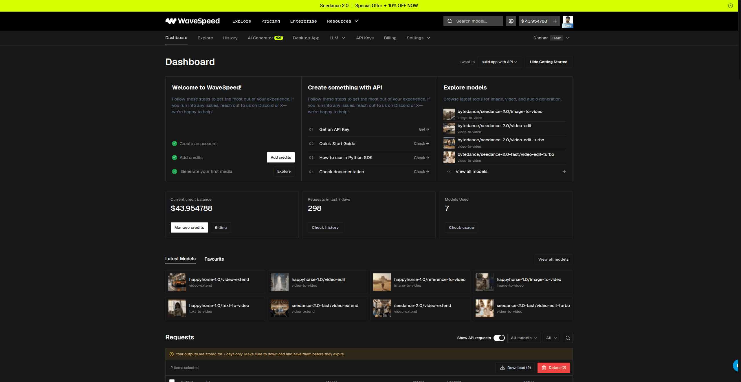 Wavespeed dashboard — real production usage and timestamps
